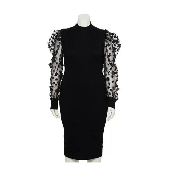 Almost Famous Black Dress Stretch below Knee‎ Sheer Floral Sleeves Size M/L - Picture 1 of 12